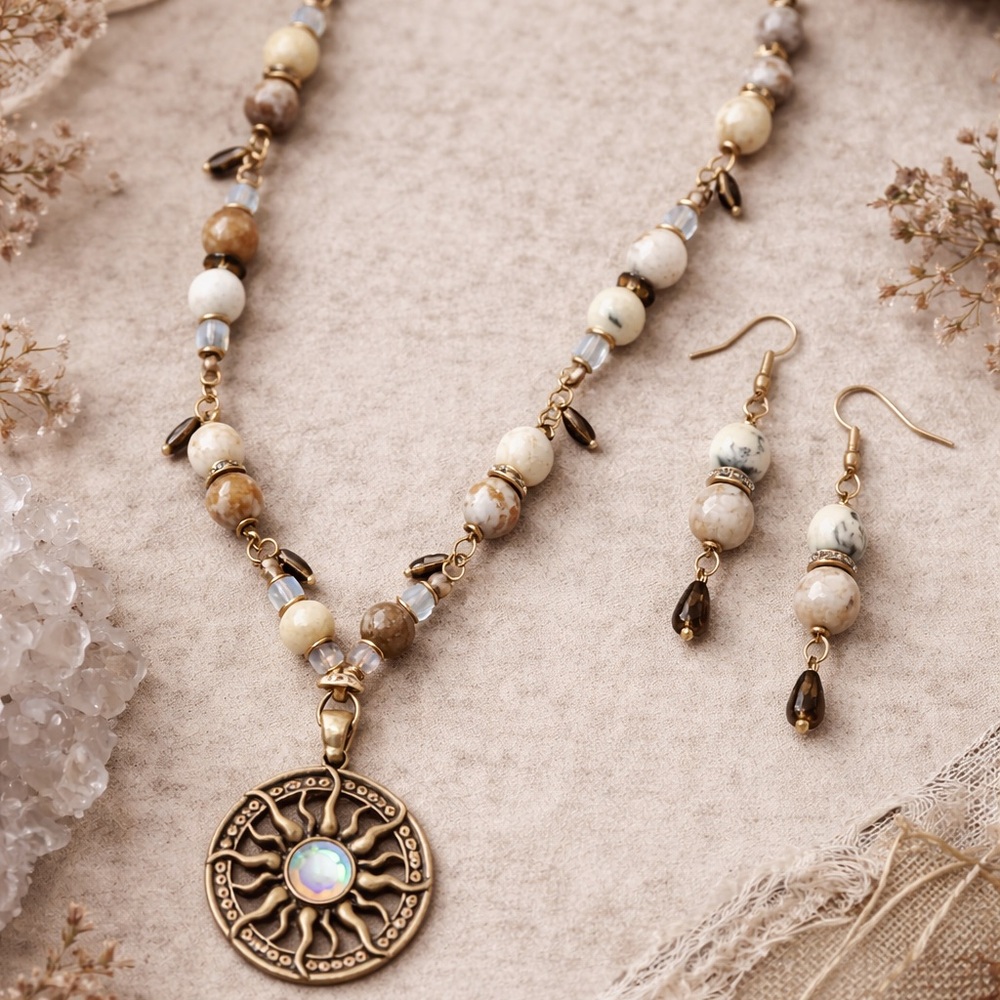 Handmade Dendritic Opal & Smoky Quartz Sun Necklace Set - Picture 6 of 6